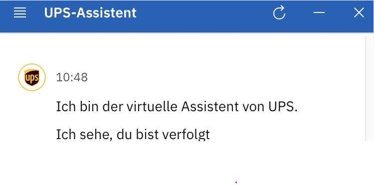 Text von einer Website: "Ich bin der virtuelle Assistent von UPS. Ich sehe, du bist verfolgt"