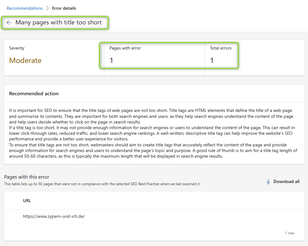 Bing: Many pages with title too short, Pages with error: 1, Total errors: 1