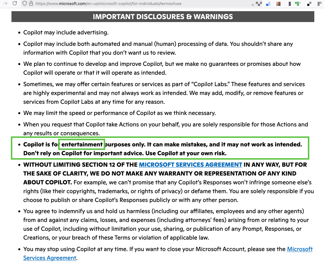 Copilot is for entertainment purposes only. It can make mistakes, and it may not work as intended. Don’t rely on Copilot for important advice. Use Copilot at your own risk.
