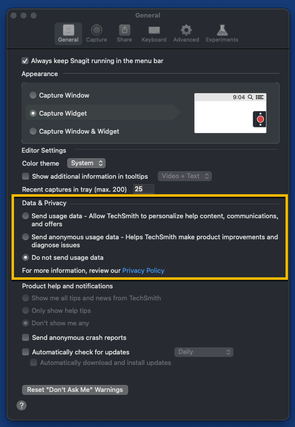Screenshot of settings in SnagIt showing Data & Privacy setting: Do not send any usage data.
